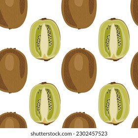 Kiwi whole and cut in half. Tropical fruits. Seamless pattern in vector. Suitable for backgrounds and prints.