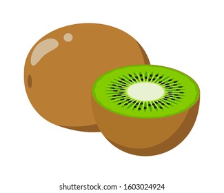 kiwi, whole fruit and half. icon on a white background.  vector flat illustration.