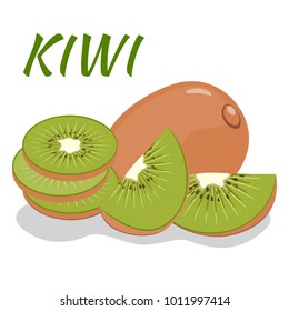 Kiwi. Whole fruit, pieces and slices on white background.