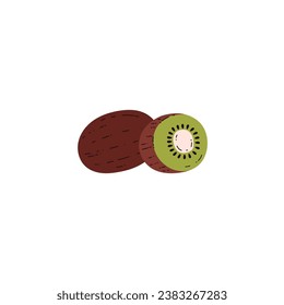 Kiwi, whole and half, vector illustration isolated on white background. Bright tropical cut fruit, vitamins and summer food. Simple drawing in flat cartoon style. Icon of sweet healthy dessert