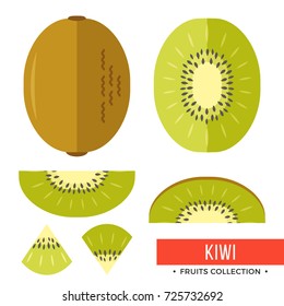 Kiwi. Whole kiwifruit and parts, slices, seeds, core. Set of fruits. Flat design graphic elements. Vector illustration isolated on white background