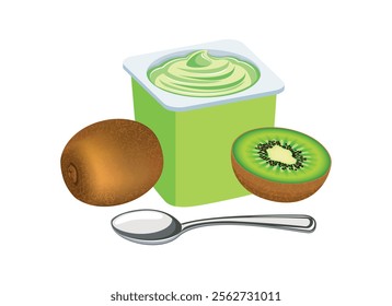 Kiwi yogurt in a plastic cup and spoon vector illustration. Kiwi yogurt plastic cup icon vector isolated on a white background. Fruit yoghurt and fresh kiwi drawing. Whole and halved kiwi fruit vector