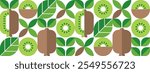 Kiwi.Abstract geometric seamless pattern.Tropical fruits, leaves and slices.Set of icons in simple flat style.Elements isolated on a white background.Vector illustration.