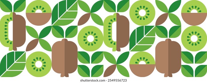 Kiwi.patrón geométrico Abstractas sin fisuras. frutas tropicales, hojas y rebanadas. Conjunto de iconos en estilo plano simple. Elementos aislados sobre un fondo blanco. Ilustración vectorial.