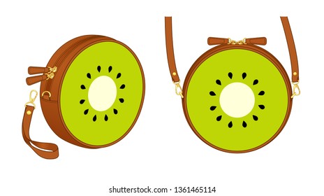 Kiwifruit circle bag, round purse, double slider zipper bag, daily zip pouch with detachable shoulder strap/ detachable wrist strap, vector illustration sketch template