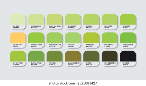 Paleta de cores Kiwifruit, Paleta do guia de cores Kiwifruit com nomes de cores. Catálogo Amostras de verde com códigos RGB HEX. tinta, luz natural variações verdes, moda tendência Kiwi tons de cores de frutas