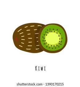 Kiwifruit flat vector illustration. Cartoon slices of fresh fruit. Isolated icon with shadow. Chinese gooseberry creative clipart with typography for healthy cooking menu, logo, design element