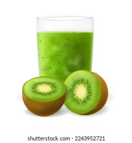 Kiwifruit juice. Greens kiwi drinks glass and slices isolated on white, kiwy green drinking shake vector illustration, kiwie squeezed tornado juicing fruit drink smoothies