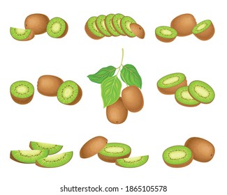 Kiwifruit or Kiwi as Edible Berry with Fibrous Brown Skin and Green Flesh with Tiny Black Seeds Vector Set