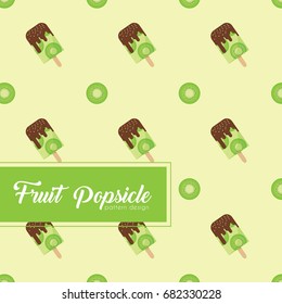 Kiwifruit popsicle pattern design for print, wallpaper, wrapping paper, packaging or fabric. Healthy fruit popsicle with chocolate cream, jimmies sprinkles topping on green background.