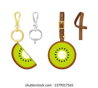 Kiwifruta Semicircular cadena de claves/encanto de bolsa, etiqueta impresa Kiwi con correa, plantilla de dibujo de ilustración vectorial