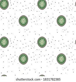 Kiwifruits pattern with half cut slices on white. Hand-drawn green Chinese gooseberry pieces in seamless background. Fruity ornament with ripe kiwi for textile prints and fabric designs.