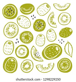 Kiwifruits set. Whole, half, sliced, bitten fruits. Ink hand drawn vector illustration. Can be used for cafe, menu, shop, bar, restaurant, poster, sticker, logo, detox diet concept, farmers market