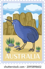 Kiwi's Bird. Travel to Australia Poster Design, Postage Stamp, Sticker, Banner. 