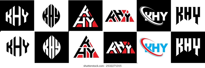 KIY letter logo design in six style. KIY polygon, circle, triangle, hexagon, flat and simple style with black and white color variation letter logo set in one artboard. KIY minimalist and classic logo