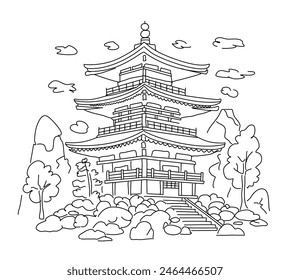 Kiyomizu-dera in Japan. Vector linear illustration on white background, sketch