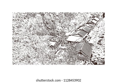 Kiyomizu-dera, Temple in Kyoto, Japan. Hand drawn sketch illustration in vector.