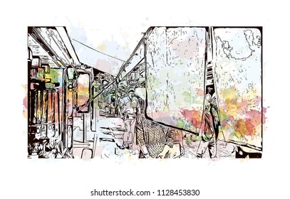 Kiyomizu-dera, Temple in Kyoto, Japan. Watercolor splash with Hand drawn sketch illustration in vector.