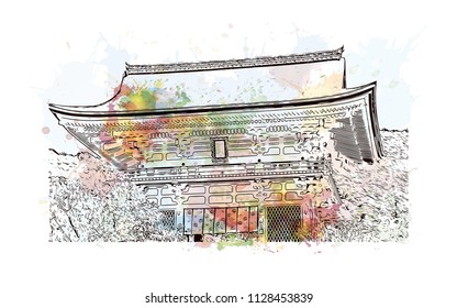 Kiyomizu-dera, Temple in Kyoto, Japan. Watercolor splash with Hand drawn sketch illustration in vector.