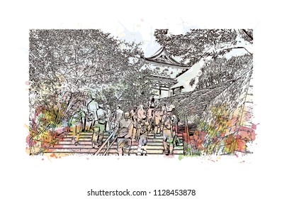 Kiyomizu-dera, Temple in Kyoto, Japan. Watercolor splash with Hand drawn sketch illustration in vector.