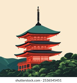 Kiyomizu-dera Temple Vector Illustration, Iconic Kyoto Landmark