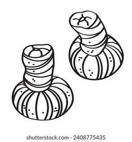 Kizhi package with healing herbs Ayurvedic hot massage sketch hand drawn  vector illustration in ink with engraving. Oil massage bags design element for bodily practices, body, spa procedures,wellness