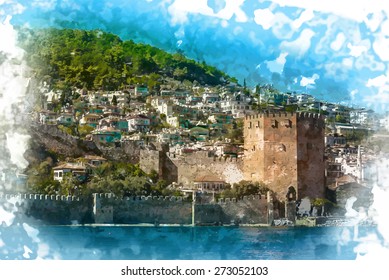 Kizil Kule or Red Tower in Alanya, Antalya Beautiful postcard from Turkey. Travel background