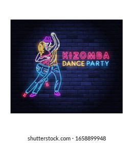 Kizomba dance party neon banner with dancing couple. Brightly illuminated neon sign of latin dancers. Disco club neon lettering on brick wall background. Nightlife and entertainment signboard.