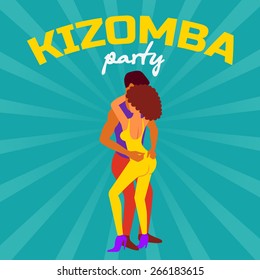 Kizomba dance party vector poster. Man and woman dancing kizomba in club.