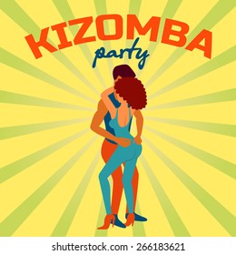 Kizomba dance party vector poster. Man and woman dancing kizomba in club.