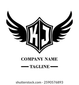 KJ bold shield logo with wings, customizable with letters A to Z. Perfect for brands seeking a powerful symbol of strength, freedom, and ambition