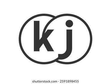 KJ business company emblem with outline rounds and letters k j. Logo template of two merged circles for brand identity, logotype. Vector Infinity symbol  and technology sign.