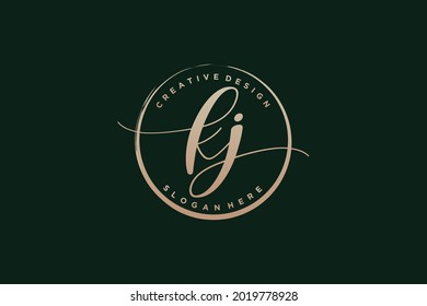 KJ handwriting logo with circle template vector signature, wedding, fashion, floral and botanical with creative template.
