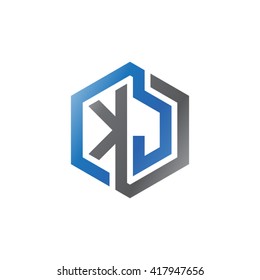 KJ initial letters looping linked hexagon logo black gray blue