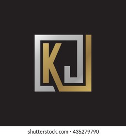 KJ initial letters looping linked square elegant logo golden silver black background
