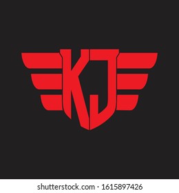 KJ Logo monogram with emblem and wings element design template on red colors