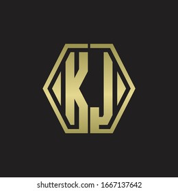 KJ Logo monogram with hexagon line rounded design template with gold colors