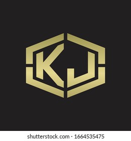 KJ Logo monogram with hexagon shape and piece line rounded design tamplate on gold colors