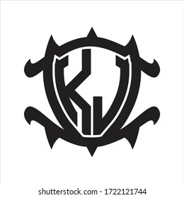 Monograma del logotipo KJ aislado con la plantilla de diseño de forma del escudo del marco