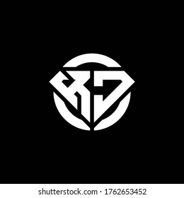 Logo de KJ monograma con forma de diamante y plantilla de diseño redondeado de círculo de anillo