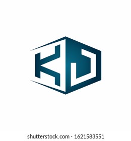 KJ monogram logo with hexagon shape and negative space style ribbon design template