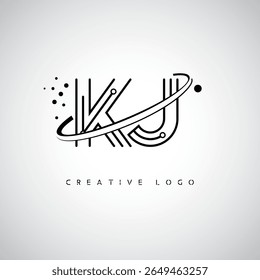 Logotipo de Monograma de Órbita KJ - Marca de Letra Mínima Futurista com Linha de Arte Circular, Pontos Inspirados na Tecnologia e Conceito de Movimento Espacial para Identidade de Marca Moderna