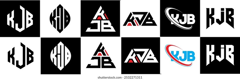 KJB letter logo design in six style. KJB polygon, circle, triangle, hexagon, flat and simple style with black and white color variation letter logo set in one artboard. KJB minimalist and classic logo