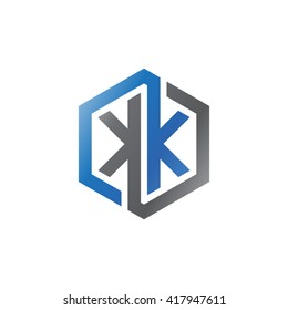 KK initial letters looping linked hexagon logo black gray blue
