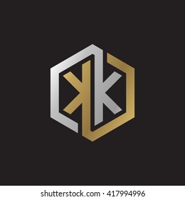 KK initial letters looping linked hexagon elegant logo golden silver black background