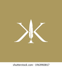 kk letter mark feather pen signature quill double k logo vector icon illustration
