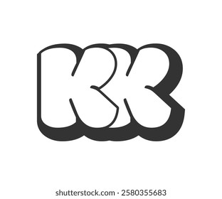 KK logo, bubble comic lettering, rounded in graffiti style black and white silhouette. Trendy preschool K and K letter text for festival party, personal initials, children funky print and web. 