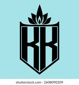 KK Logo featuring a minimalist design with a crown-like flower symbol on top, bold black elements, and a soft blue background, perfect for branding and modern visual identity.
