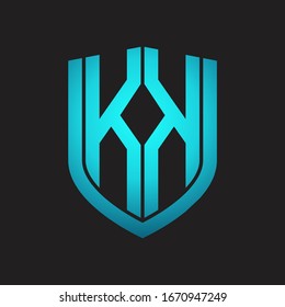 KK Logo monogram with emblem shield design isolated with blue colors on black background