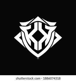 Monograma del logotipo de KK con plantilla de diseño de forma de escudo y cordón SOBRE fondo negro